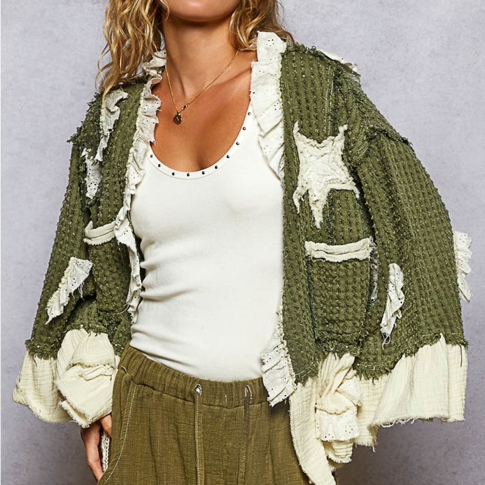 POL Green Textured Jacket with Star Patches